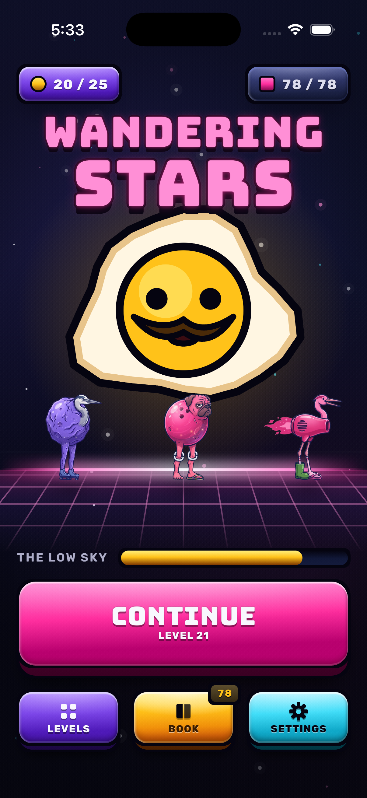 The Wandering Stars title screen with Big Yolk and the cast on the neon floor