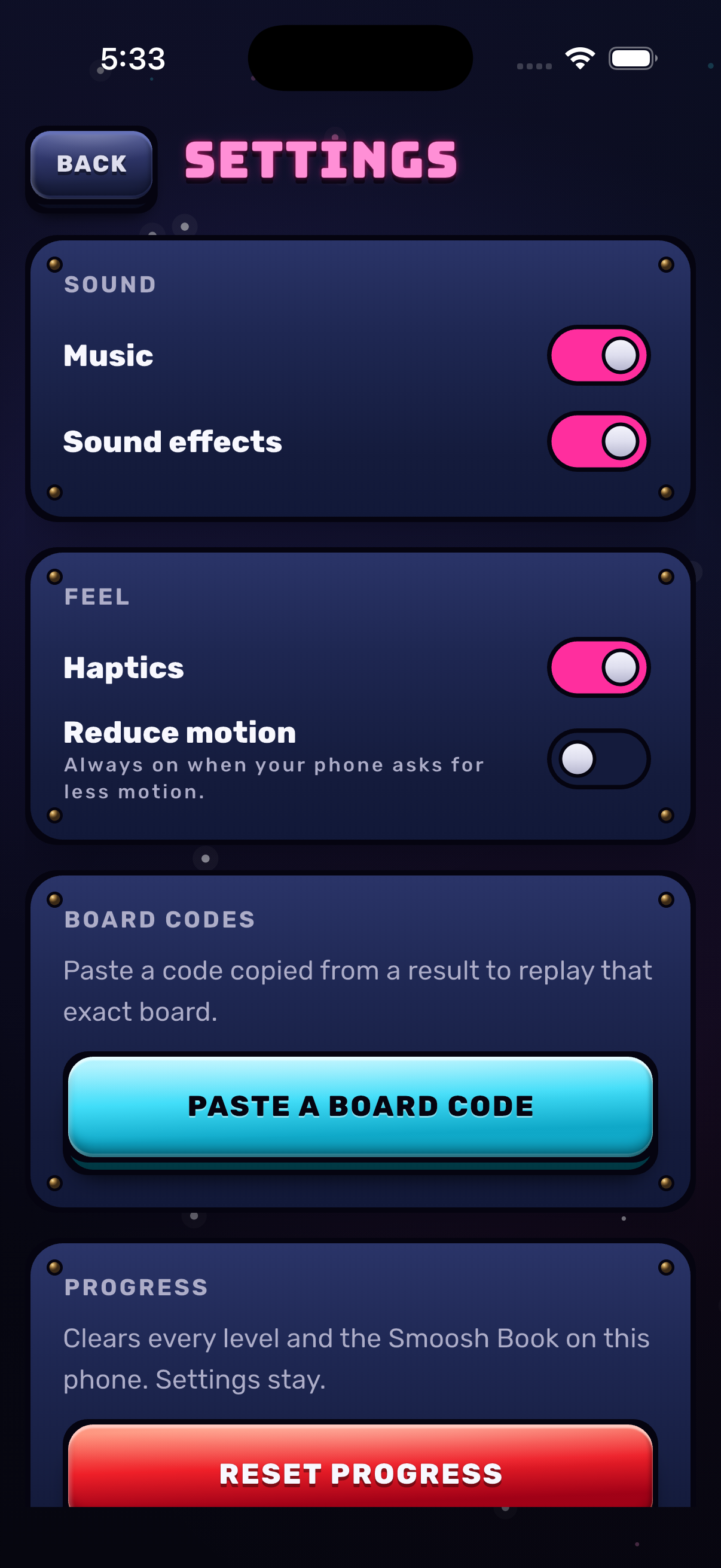 Settings screenshot of Wandering Stars